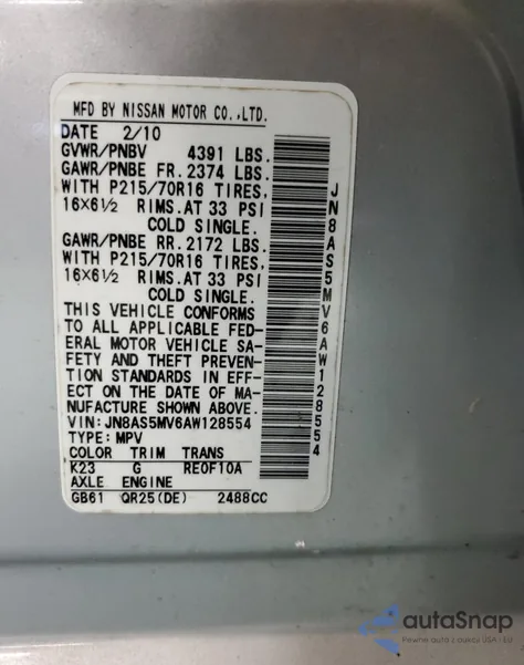 2010 Nissan Rogue S z USA, uszkodzony, nr VIN JN8AS5MV6AW128554